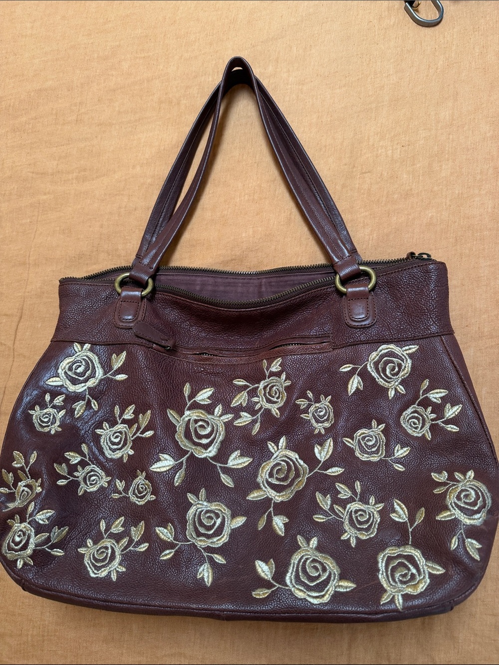 Anthropologie Women’s burgundy gold floral Embroidered Leather Tote